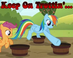 Size: 1239x986 | Tagged: brotherhooves social, caption, derpibooru import, great moments in animation, image macro, impossibly large hooves, keep on truckin', meme, rainbow dash, safe, scootaloo, screencap, text