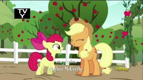 Size: 480x270 | Tagged: safe, derpibooru import, screencap, apple bloom, applejack, earth pony, pony, brotherhooves social, animated, applejack's hat, blinking, bow, cowboy hat, cute, discovery family logo, female, hair bow, hat, jackabetes, looking at each other, mare, open mouth, raised hoof, smiling