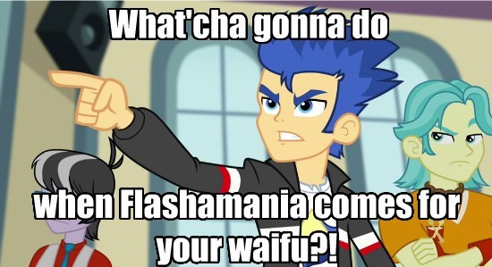 Size: 550x299 | Tagged: safe, derpibooru import, brawly beats, flash sentry, ringo, equestria girls, rainbow rocks, caption, exploitable meme, flash drive (band), hulk hogan, hulkamania, image macro, meme, text, waifu thief