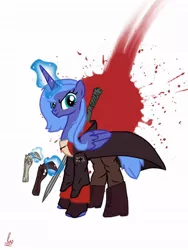 Size: 768x1024 | Tagged: safe, artist:l-luna, derpibooru import, princess luna, alicorn, pony, clothes, crossover, dante (devil may cry), devil may cry, dmc, ebony, female, ivory (devil may cry), mare, s1 luna, solo, sword, weapon