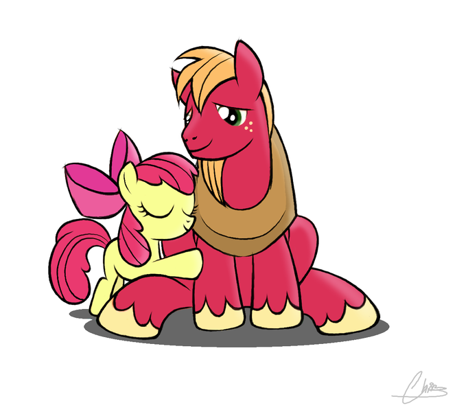 Size: 1204x1084 | Tagged: safe, artist:oinktweetstudios, derpibooru import, apple bloom, big macintosh, earth pony, pony, brotherhooves social, brother and sister, equestria's best big brother, female, hug, male, siblings, simple background, stallion, white background