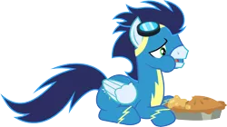 Size: 8900x5000 | Tagged: safe, artist:chainchomp2, derpibooru import, soarin', pegasus, pony, rarity investigates, .svg available, absurd resolution, clothes, eating, food, goggles, male, pie, prone, puffy cheeks, simple background, solo, stallion, that pony sure does love pies, transparent background, uniform, vector, wonderbolts uniform