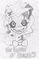 Size: 727x1081 | Tagged: artist:fiji-firefox, derpibooru import, five nights at pinkie's, monochrome, pinkie pie, semi-grimdark, sketch, solo, traditional art