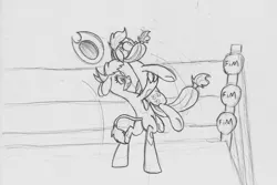 Size: 2721x1822 | Tagged: artist needed, safe, derpibooru import, applejack, arizona cow, cow, earth pony, pony, them's fightin' herds, bandana, cloven hooves, community related, cowboy hat, crossover, female, hat, mare, monochrome, sketch, sports, traditional art, wrestling