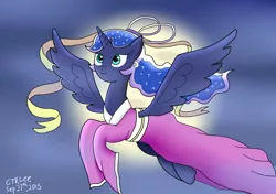 Size: 1024x722 | Tagged: artist:infinityr319, chang'e, chinese mythology, chinese text, clothes, derpibooru import, dress, flying, full moon, mid-autumn festival, moon, mythology, princess luna, safe, solo, spread wings, wings