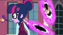 Size: 569x320 | Tagged: safe, derpibooru import, screencap, sci-twi, spike, spike the regular dog, twilight sparkle, dog, jackalope, equestria girls, friendship games, animated, device, discovery family logo, now you're thinking with portals, portal, portals