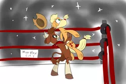 Size: 2721x1822 | Tagged: artist needed, safe, derpibooru import, applejack, arizona cow, cow, earth pony, pony, them's fightin' herds, bandana, cloven hooves, colored, community related, cowboy hat, crossover, female, german suplex, hat, mare, sports, suplex, suplex city, wrestling, wwe