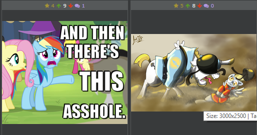 Size: 512x270 | Tagged: safe, derpibooru import, bulk biceps, derpy hooves, fluttershy, rainbow dash, pegasus, pony, derpibooru, and then there's this asshole, exploitable meme, female, juxtaposition, juxtaposition win, mare, meme, meta, soldier, team fortress 2, vulgar, yelling