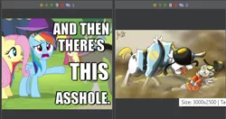 Size: 512x270 | Tagged: safe, derpibooru import, bulk biceps, derpy hooves, fluttershy, rainbow dash, pegasus, pony, derpibooru, and then there's this asshole, exploitable meme, female, juxtaposition, juxtaposition win, mare, meme, meta, soldier, team fortress 2, vulgar, yelling