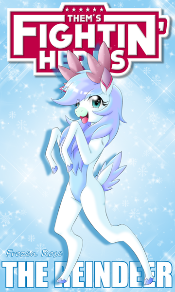 Size: 1024x1707 | Tagged: safe, artist:taekwon-magic, artist:the-black-terror, derpibooru import, oc, oc:frozen rose, unofficial characters only, deer, pony, reindeer, them's fightin' herds, bipedal, community related, species swap