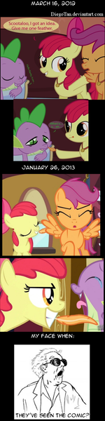 Size: 400x1600 | Tagged: safe, derpibooru import, apple bloom, scootaloo, spike, sweetie belle, dragon, earth pony, human, pegasus, pony, back to the future, coincidence i think not, coincidence?!... probably, cutie mark crusaders, doc brown, feather, female, filly, male, tickling, wings