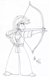 Size: 800x1232 | Tagged: safe, artist:mayorlight, derpibooru import, applejack, equestria girls, friendship games, archery, arrow, bow (weapon), bow and arrow, feet, hakama, ink drawing, inktober, kyudo, monochrome, solo, traditional art, weapon