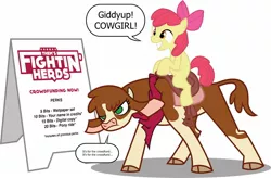 Size: 1600x1048 | Tagged: safe, artist:rich-jammer, derpibooru import, apple bloom, arizona cow, cow, earth pony, pony, them's fightin' herds, bandana, bow, cloven hooves, community related, crossover, crowdfunding, female, filly, hair bow, piggyback ride, saddle, tack