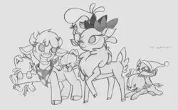 Size: 1280x792 | Tagged: safe, artist:lockerobster, derpibooru import, arizona cow, pom lamb, velvet reindeer, cow, deer, reindeer, sheep, winter sprite, them's fightin' herds, bandana, cloven hooves, community related, female, lamb, monochrome, pencil drawing, puppy, simple background, traditional art, white background, woof ruff tuft puff