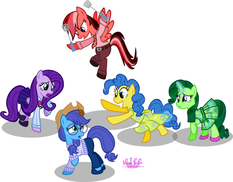 Size: 6533x5101 | Tagged: safe, artist:meganlovesangrybirds, derpibooru import, applejack, fluttershy, pinkie pie, rainbow dash, rarity, ponified, cockroach, insect, pony, absurd resolution, anger (inside out), belt, clothes, cowboy hat, crossover, disgust (inside out), disney, dress, fear (inside out), flying, freckles, glasses, group, hat, inkscape, inside out, joy (inside out), necktie, open mouth, pants, parody, pixar, raised hoof, sad, sadness (inside out), signature, simple background, skirt, stetson, swatting, sweater, transparent background, unhapplejack, vector