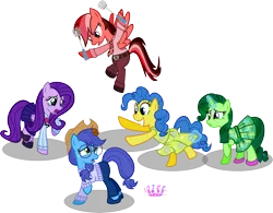 Size: 6533x5101 | Tagged: safe, artist:meganlovesangrybirds, derpibooru import, applejack, fluttershy, pinkie pie, rainbow dash, rarity, ponified, cockroach, insect, pony, absurd resolution, anger (inside out), belt, clothes, cowboy hat, crossover, disgust (inside out), disney, dress, fear (inside out), flying, freckles, glasses, group, hat, inkscape, inside out, joy (inside out), necktie, open mouth, pants, parody, pixar, raised hoof, sad, sadness (inside out), signature, simple background, skirt, stetson, swatting, sweater, transparent background, unhapplejack, vector