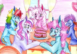 Size: 2208x1535 | Tagged: artist:animagicworld, cake, derpibooru import, food, g3, master kenbroath gilspotten heathspike, messy eating, minty, pinkie pie, rainbow dash, rainbow dash (g3), safe, spike, traditional art, wysteria