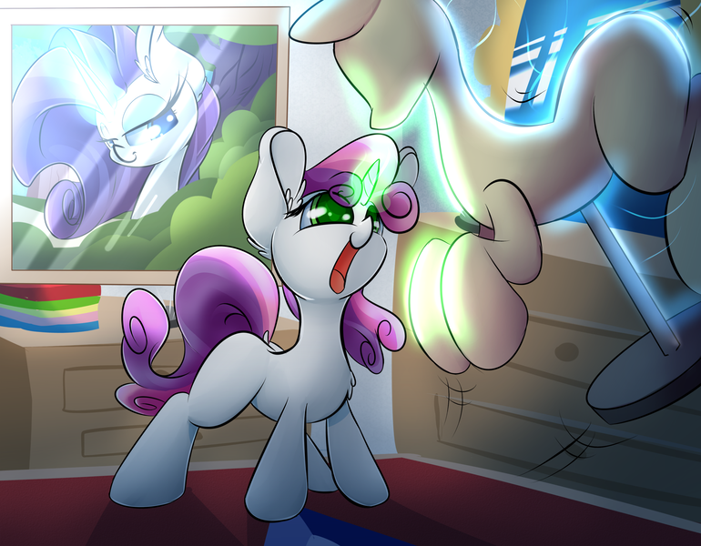 Size: 3300x2570 | Tagged: artist:madacon, bush, cute, derpibooru import, diasweetes, grin, happy, levitation, magic, raribetes, rarity, safe, smiling, sweetie belle, sweetie belle's magic brings a great big smile, telekinesis, window