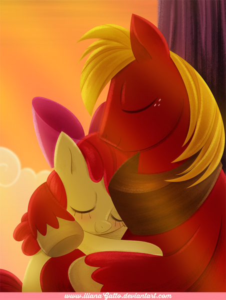 Size: 672x893 | Tagged: safe, artist:ilianagatto, derpibooru import, apple bloom, big macintosh, earth pony, pony, brotherhooves social, brother and sister, equestria's best big brother, female, hug, male, scene interpretation, siblings, stallion