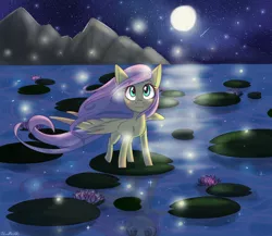 Size: 2300x2000 | Tagged: artist:silbersternenlicht, derpibooru import, firefly (insect), fluttershy, full moon, insect, lake, moon, mountain, night, night sky, reflection, safe, shooting star, signature, sky, solo, spread wings, stars, wings