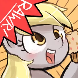 Size: 750x750 | Tagged: safe, artist:lumineko, derpibooru import, part of a set, derpy hooves, pegasus, pony, avatar, cute, derpabetes, dialogue, female, food, i just don't know what went wrong, mare, muffin, open mouth, rawr, rawrvatar, solo, speech bubble, upside down