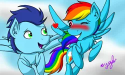 Size: 1024x614 | Tagged: safe, artist:yogfan, derpibooru import, rainbow dash, soarin', pony, blushing, female, male, shipping, soarindash, straight, wrong cutie mark