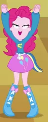 Size: 171x430 | Tagged: safe, derpibooru import, screencap, pinkie pie, equestria girls, equestria girls (movie), clothes, cropped, female, great moments in animation, helping twilight win the crown, lidded eyes, mid-blink screencap, pony ears, raised arms, solo, wondercolts uniform