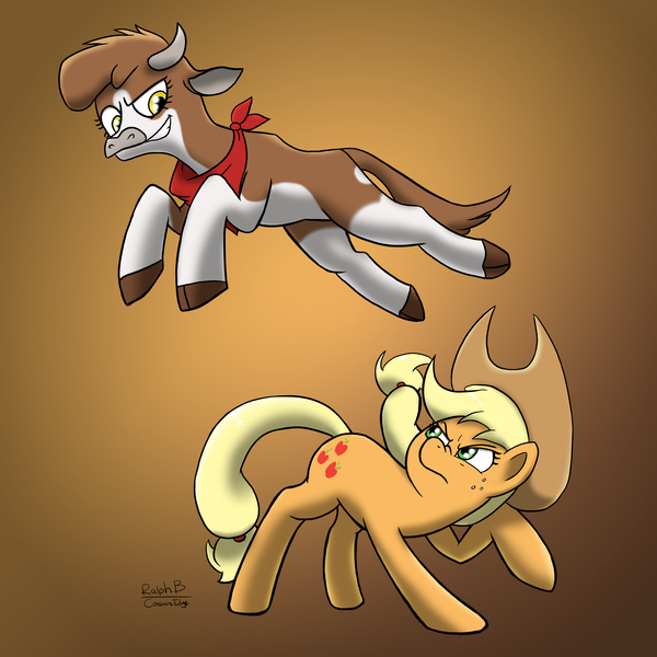 Size: 6695x6695 | Tagged: safe, artist:corsairsedge, derpibooru import, applejack, arizona cow, cow, earth pony, pony, them's fightin' herds, absurd resolution, bandana, cloven hooves, community related, cowboy hat, crossover, female, gradient background, hat, jumping, mare