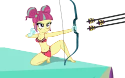 Size: 931x586 | Tagged: suggestive, derpibooru import, edit, sour sweet, equestria girls, friendship games, arrow, belly button, bow (weapon), bow and arrow, breasts, busty sour sweet, clothes, female, freckles, gloves, lingerie, midriff, nude edit, nudity, shoulder freckles, show accurate, solo, solo female, weapon