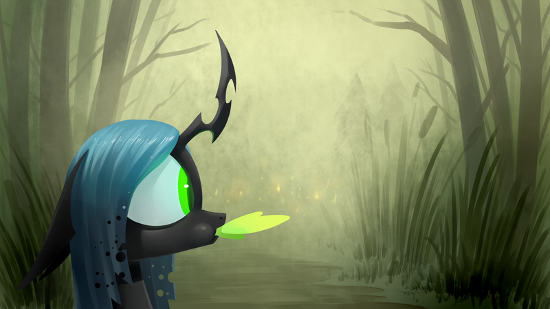 Size: 1920x1080 | Tagged: artist:underpable, derpibooru import, eating, firefly (insect), floppy ears, insect, nom, queen chrysalis, safe, solo, swamp