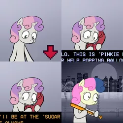 Size: 2000x2000 | Tagged: baseball bat, bon bon, derpibooru import, exploitable meme, hotline miami, mask, meme, obligatory pony, safe, sweetie belle, sweetie drops, sweetie's note meme, this will end in death