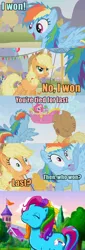 Size: 852x2515 | Tagged: applejack, blue text, bow, caption, derpibooru import, eyes closed, fall weather friends, g3, hair bow, hot air balloon, meet the ponies, meme, pinkie pie, pink text, rainbow dash, rainbow dash (g3), safe, scootaloo's outdoor play party, screencap, spike, text, twinkling balloon