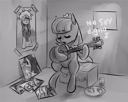 Size: 800x640 | Tagged: artist:mav, christianity, coco pommel, derpibooru import, guitar, monochrome, musical instrument, oc, oc:maría teresa de los ponyos paguetti, religion, safe, singing, spanish