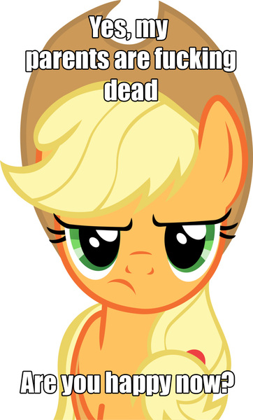 Size: 694x1151 | Tagged: applejack, applejack is not amused, applejack's parents, crusaders of the lost mark, derpibooru import, my parents are dead, safe, unamused, upset, vulgar