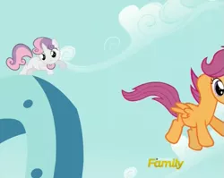 Size: 641x510 | Tagged: safe, derpibooru import, screencap, scootaloo, sweetie belle, pegasus, pony, unicorn, crusaders of the lost mark, animation error, are you frustrated?, cloud, discovery family logo, female, filly, foal, meme, necc, scoota girrash, sky, sky background