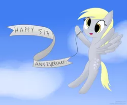 Size: 2400x2000 | Tagged: safe, artist:joey, derpibooru import, derpy hooves, pegasus, pony, epic get, female, flying, happy birthday mlp:fim, mare, mlp fim's fifth anniversary, open mouth, smiling, solo, spread wings, wings