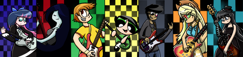 Size: 1024x241 | Tagged: safe, artist:azulmimi99, derpibooru import, applejack, equestria girls, adventure time, akiyama mio, anarchy stocking, bass guitar, buttercup (powerpuff girls), crossover, gorillaz, k-on, marceline, murdoc, musical instrument, panty and stocking with garterbelt, scott pilgrim, scott pilgrim vs the world, the powerpuff girls