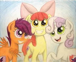 Size: 990x807 | Tagged: safe, artist:thefriendlyelephant, derpibooru import, apple bloom, scootaloo, sweetie belle, earth pony, pegasus, pony, unicorn, crusaders of the lost mark, apple bloom's bow, bow, cutie mark, cutie mark crusaders, feather, female, filly, hair bow, horn, looking up, slightly off screen, smiling, the cmc's cutie marks, traditional art, trio, wings