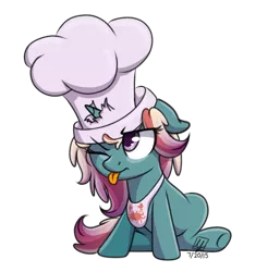 Size: 800x813 | Tagged: safe, artist:spacechickennerd, derpibooru import, oc, oc:splash savior, unofficial characters only, pony, unicorn, :p, annoyed, chef's hat, cute, female, filly, floppy ears, frown, hat, horn, horn impalement, one eye closed, simple background, solo, tongue out, transparent background, underhoof, wink