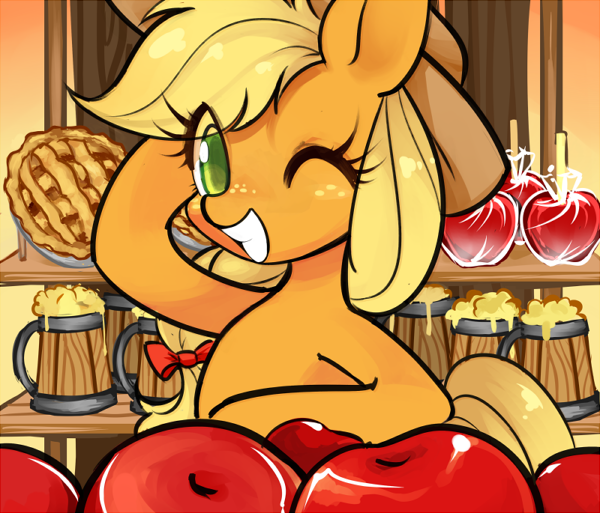 Size: 600x513 | Tagged: safe, artist:komacha, derpibooru import, applejack, pony, apple, apple cider, apple pie, bipedal, candy apples (food), design, food, grin, hoof in mane, mousepad, one eye closed, pie, smiling, solo, wink