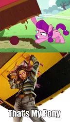 Size: 575x1000 | Tagged: safe, derpibooru import, lily longsocks, pony, crusaders of the lost mark, background pony, ball, comparison, marvel, meme, molly hayes, runaways, super strength, that's my pony, that's my x