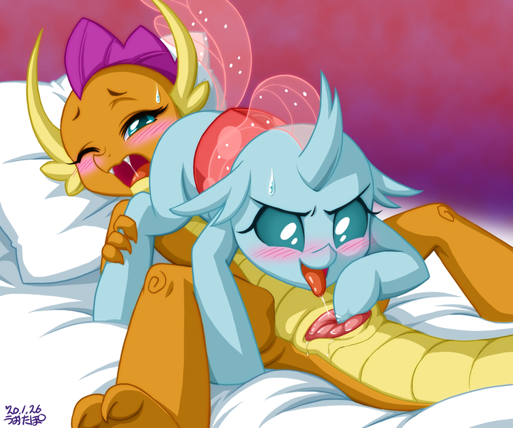 Size: 2000x1666 | Tagged: explicit, artist:uotapo, banned from derpibooru, deleted from derpibooru, derpibooru import, paywalled source, ocellus, smolder, changedling, changeling, dragon, 69 position, ahegao, bed, blushing, cloaca, dragoness, female, females only, foalcon, genital slit, image, interspecies, lesbian, male, on bed, open mouth, oral, patreon, pillow, png, sex, shipping, smolcellus, sweat, sweatdrop, tongue out, underage