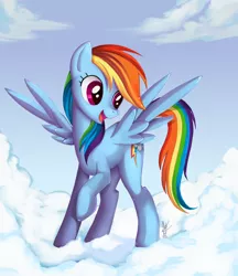 Size: 864x1002 | Tagged: safe, artist:ponykillerx, banned from derpibooru, deleted from derpibooru, derpibooru import, rainbow dash, pegasus, pony, cloud, cloudy, female, happy, looking down, mare, multicolored hair, on a cloud, open mouth, rainbow hair, rainbow tail, raised hoof, sky, smiling, solo, spread wings, standing, standing on cloud, wings
