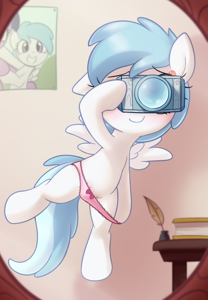 Size: 2352x3396 | Tagged: artist:pestil, blushing, camera, clothes, cotton cloudy, crotchboobs, embarrassed, female, filly, foalcon, nipples, nudity, panties, pegasus, questionable, selfie, solo, solo female, underwear