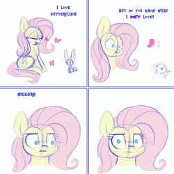 Size: 1800x1800 | Tagged: safe, artist:heir-of-rick, edit, editor:edits of hate, unauthorized edit, fluttershy, butterfly, pony, rabbit, animal, comic, female, looking at you, mare, mouthpiece, nigger, talking, talking to viewer