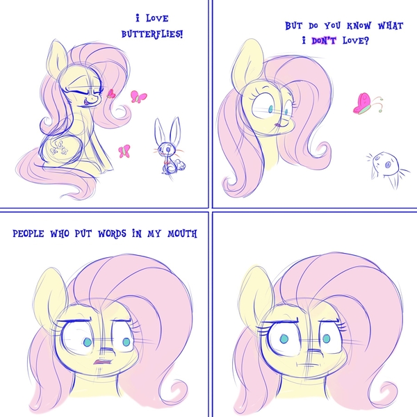 Size: 1800x1800 | Tagged: safe, artist:heir-of-rick, edit, editor:edits of hate, unauthorized edit, fluttershy, butterfly, pony, rabbit, animal, comic, female, looking at you, mare, mouthpiece