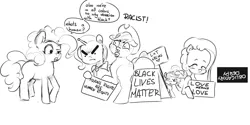 Size: 2000x1000 | Tagged: safe, artist:anonymous, banned from derpibooru, deleted from derpibooru, derpibooru import, applejack, derpy hooves, fluttershy, pinkie pie, rainbow dash, trixie, pony, black and white, black lives matter, caricature, female, grayscale, looking at each other, mare, monochrome, mouthpiece, parody, politics, pride, puzzled, sign, simple background, trans rights, white background