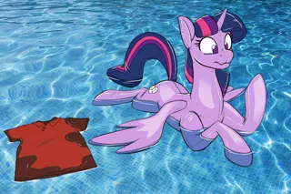 Size: 1416x942 | Tagged: safe, artist:acesential, twilight sparkle, twilight sparkle (alicorn), alicorn, inflatable pony, pony, pooltoy pony, air nozzle, female, image, implied transgender transformation, inanimate tf, inflatable, jpeg, latex, mare, polo shirt, pool toy, seams, solo, spread wings, transformation, water, wings