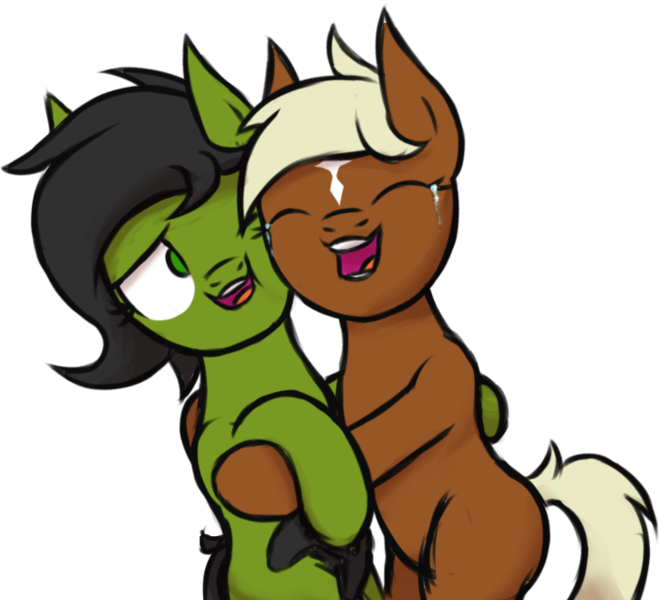 Size: 723x658 | Tagged: safe, artist:thehuskylord, oc, oc:anonfilly, ponified, ponified:verity, unofficial characters only, earth pony, pony, art pack:marenheit 451 post-pack, controller, duo, duo female, female, filly, happy, hug, image, open mouth, png, simple background, smiling, transparent background, verity