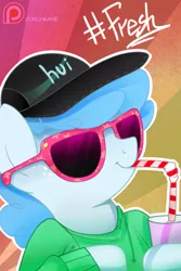 Size: 1200x1800 | Tagged: safe, artist:va1ly, paywalled source, oc, oc:curly mane, unofficial characters only, clothes, drinking straw, female, hashtag, hat, hoodie, mare, patreon, patreon logo, simple background, solo, straw in mouth, sunglasses